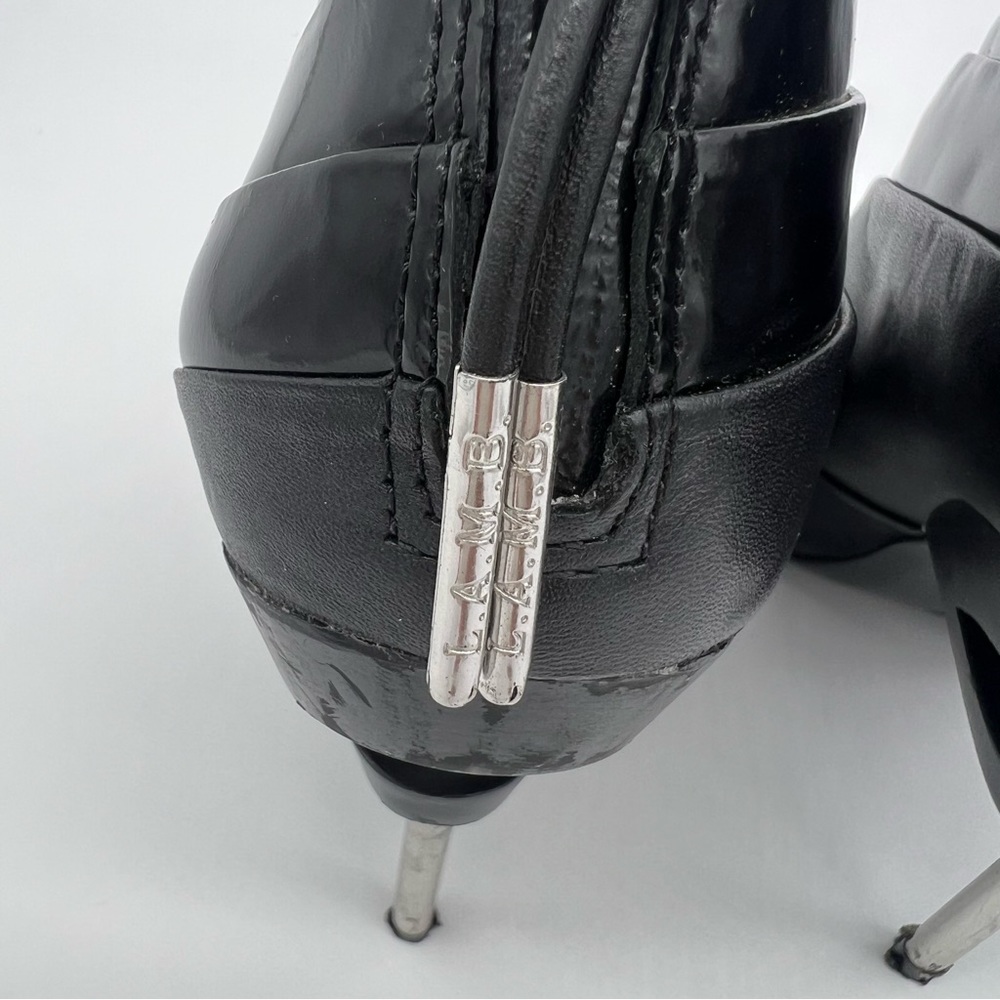L.A.M.B.Black Patent Leather Open Toe Ankle Boots Silver Stiletto Heel Modern - Picture 6 of 13